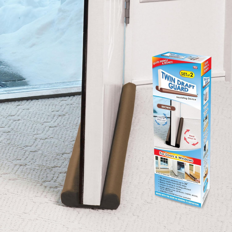 Twin Draft Guard, Year-Round Insulator Door Seal Strip, Trademarked And Patented Under-Door Draft Stopper For Bottom Of Door, 36-Inch Dust, Set Of 2, Brown