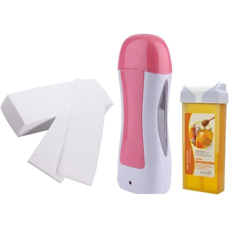 Single Cartridge Wax Heater Machine Waxing Kit Wax Warmer For Body Hair Removal With 100 Pieces Wax Paper Strip And 100G Cartridge Wax Honey, Set Of 3