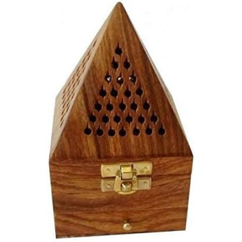 Pyramid Shape Incense Burner, Wooden Incense Box Ash Catcher, Brown
