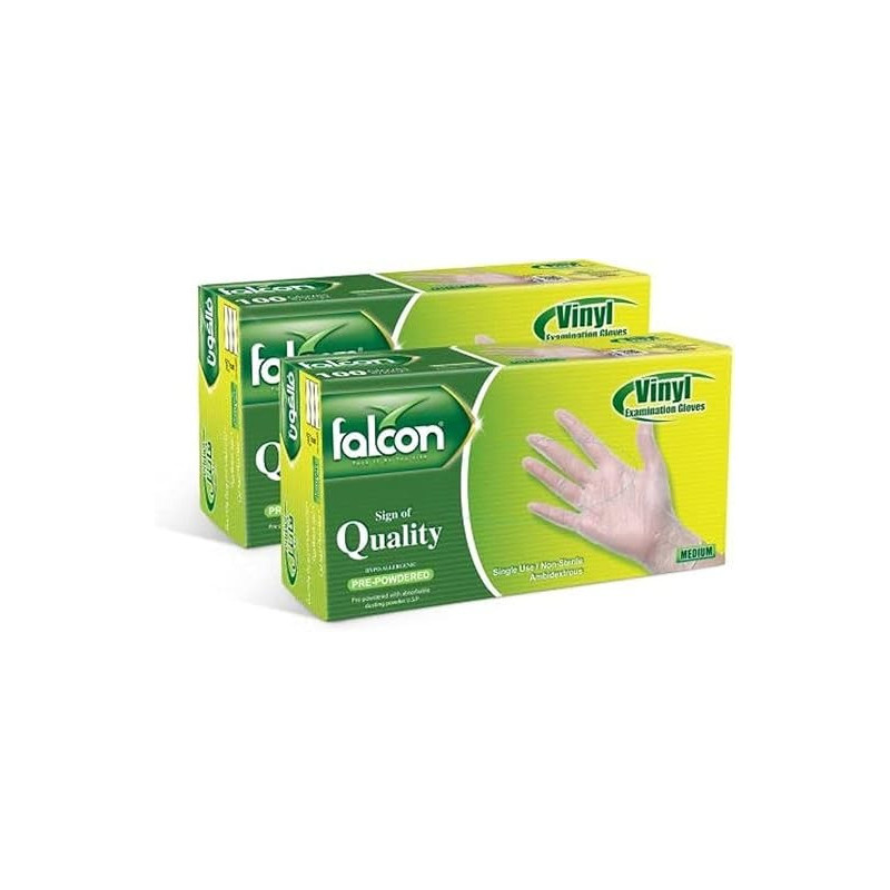 Falcon Vinyl Gloves Clear Pre-Powdered Medium, 2 Packs x 100 Pieces