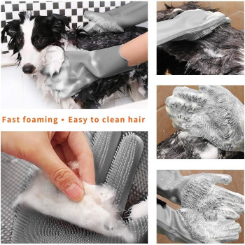 Aufew Magic Pet Grooming Gloves Dog Bathing Shampoo Brush, Heat Resistant Eco-Friendly Silicone Hair Removal Gloves With High Density Teeth For Cats, Dogs