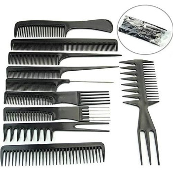 Professional Parlour And Salon Use Hair Comb Set, Black, 10 Piece