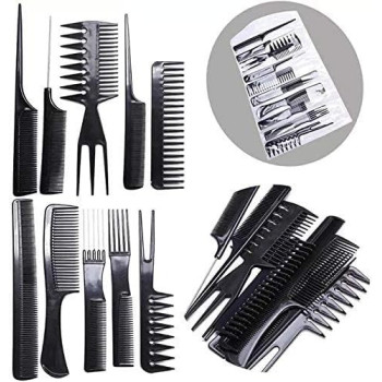 Professional Parlour And Salon Use Hair Comb Set, Black, 10 Piece