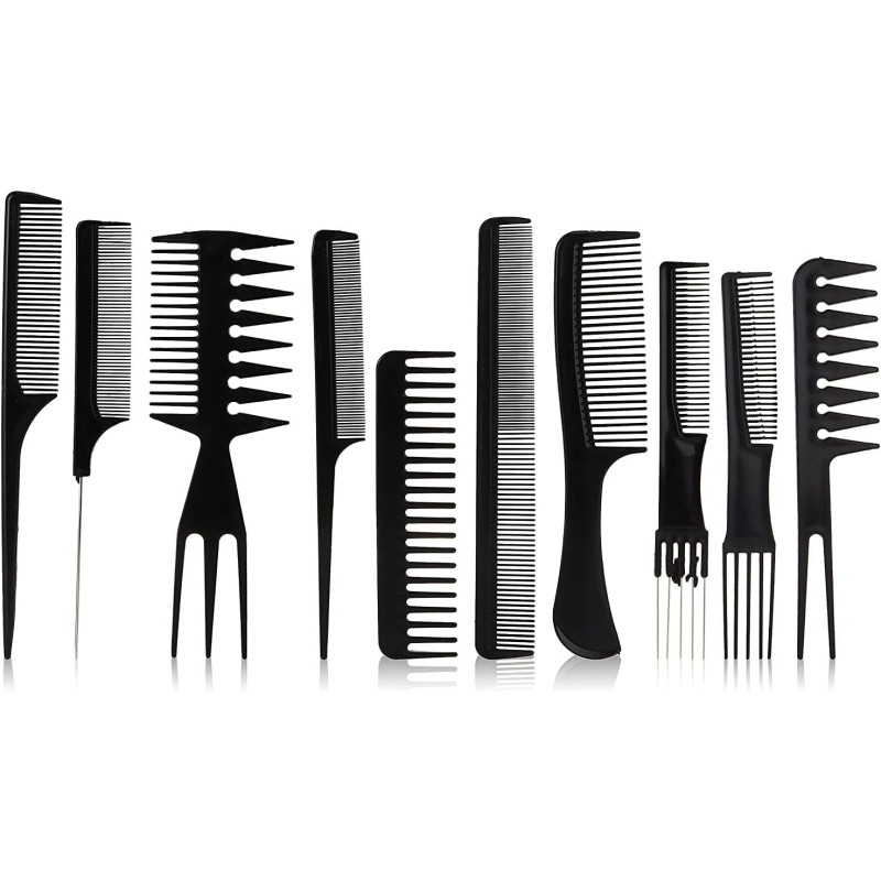 Professional Parlour And Salon Use Hair Comb Set, Black, 10 Piece