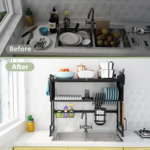 Xaosu Heavy Duty Over The Sink Dish Drying, 3 Tier Metal Over The Counter Dish Drying Rack With Dust-Proof Cabinet, Height Large Drainer With Utensil Holder For Kitchen, Black