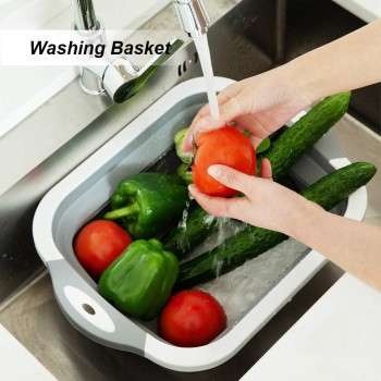 Foldable Multifunction Chopping Board, Collapsible Dish Tub Basin Cutting Board Colander, Vegetable Fruit Wash And Drain Sink Storage Basket, Space Saving For Kitchen Home, Grey