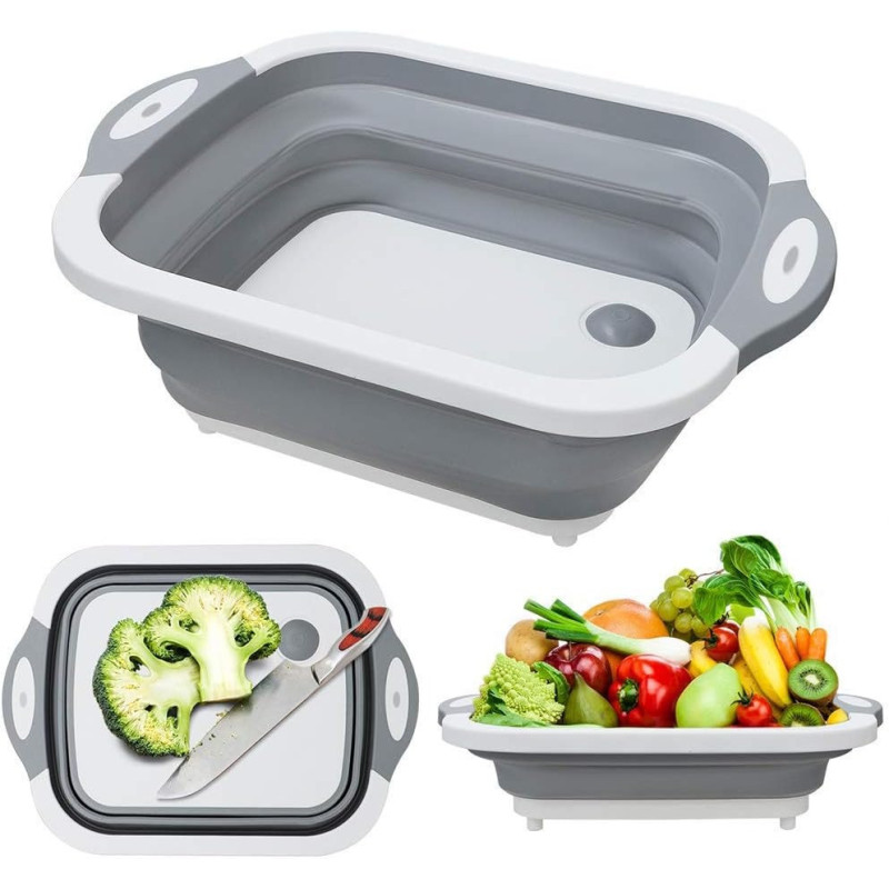 Foldable Multifunction Chopping Board, Collapsible Dish Tub Basin Cutting Board Colander, Vegetable Fruit Wash And Drain Sink Storage Basket, Space Saving For Kitchen Home, Grey