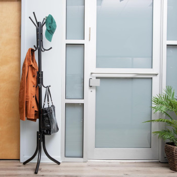 Mind Reader COATRACK11 Standing Metal Coat Rack Hat Hanger 11 Hook For Jacket, Purse, Scarf Rack, Umbrella Tree Stand, Black