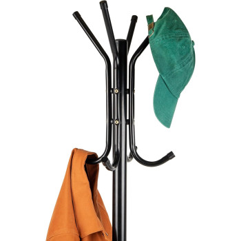 Mind Reader COATRACK11 Standing Metal Coat Rack Hat Hanger 11 Hook For Jacket, Purse, Scarf Rack, Umbrella Tree Stand, Black