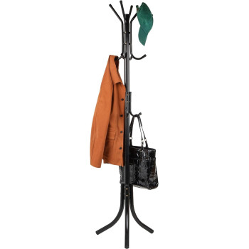 Mind Reader COATRACK11 Standing Metal Coat Rack Hat Hanger 11 Hook For Jacket, Purse, Scarf Rack, Umbrella Tree Stand, Black