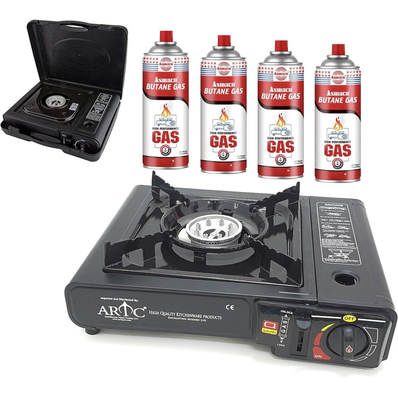 ARTC Portable Gas Burner Camping Stove With Asmaco Butane Gas Cartridge 7.8Oz, 4 Pieces