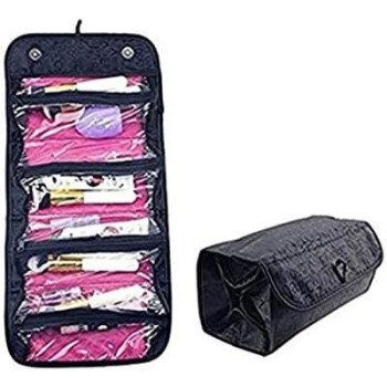 4-Layer Roll-up Travel Cosmetic Makeup Storage Bag Hanging Toiletry Organizer Foldable Large Capacity Bathroom Wash Bag In Bag Women Portable Bath Shower Case Holder Pouch With Hanging Loop, Black