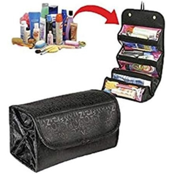 4-Layer Roll-up Travel Cosmetic Makeup Storage Bag Hanging Toiletry Organizer Foldable Large Capacity Bathroom Wash Bag In Bag Women Portable Bath Shower Case Holder Pouch With Hanging Loop, Black
