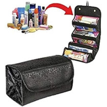 4-Layer Roll-up Travel Cosmetic Makeup Storage Bag Hanging Toiletry Organizer Foldable Large Capacity Bathroom Wash Bag In Bag Women Portable Bath Shower Case Holder Pouch With Hanging Loop, Black