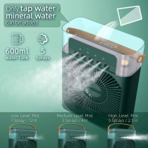 Fearless Rechargeable and Portable Air Conditioner, Air Cooler with 700ml Water Tank, USB Cooler with 3 Wind, 5 Mist Vents, 7 Night Light and 1-3H Timer Mode, Cooling Fan with 1200 mAh battery, Green