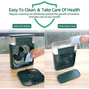 Fearless Rechargeable and Portable Air Conditioner, Air Cooler with 700ml Water Tank, USB Cooler with 3 Wind, 5 Mist Vents, 7 Night Light and 1-3H Timer Mode, Cooling Fan with 1200 mAh battery, Green