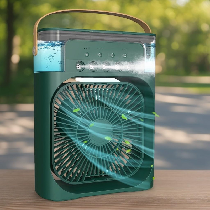 Fearless Rechargeable and Portable Air Conditioner, Air Cooler with 700ml Water Tank, USB Cooler with 3 Wind, 5 Mist Vents, 7 Night Light and 1-3H Timer Mode, Cooling Fan with 1200 mAh battery, Green