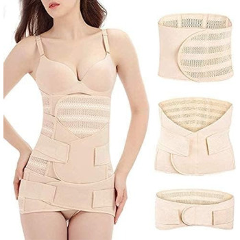 Cocosmart Body Shaper For Women Plus Size Postpartum Recovery Headband, 3 Pieces Breathable Elastic Postpartum Belt, 3 In 1 Belly Belt For Women And Maternity, Beige, Medium