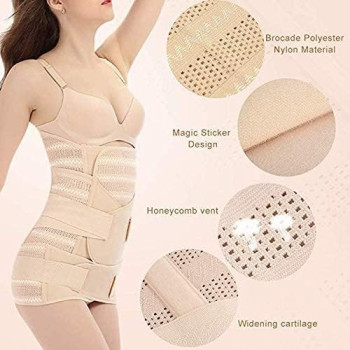 Cocosmart Body Shaper For Women Plus Size Postpartum Recovery Headband, 3 Pieces Breathable Elastic Postpartum Belt, 3 In 1 Belly Belt For Women And Maternity, Beige, Medium