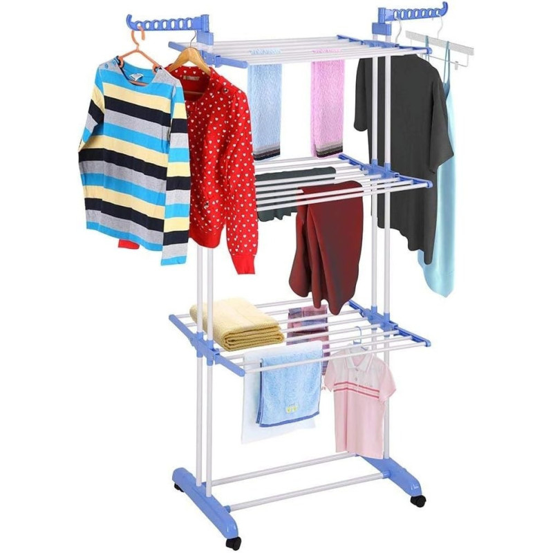 Peony 2 Poll Jumbo 3 Layer Clothes Hanger Rack, Cloth Drying Stand, Blue
