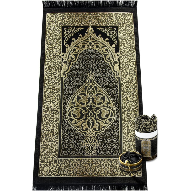Yase Crafts Muslim Prayer Rug, Elegant Kaaba Design Gift Box, Prayer Mat For Men Women, Turkish Design, Portable Prayer Mat, Islamic Ramadan Gifts Set, Janamaz Sajadah, Prayer Beads, Black