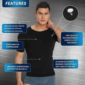 Mens Slimming Body Shaper Compression Muscle Tank T-Shirt, Undershirt Abs Abdomen Slim Tummy Waist Lose Weight Shirt Fat Burning Assistant, Shaping Your Chest, Waist And Stomach Bodysuit Tops Size Medium
