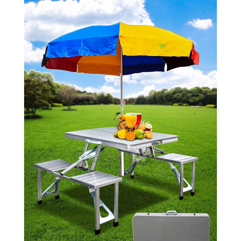 Panth Heavy Duty Aluminium Portable Outdoor Folding Picnic Table and 4 Chairs Set With Umbrella, Multicolour