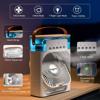 Unusroom Portable Air Conditioners,Mini Evaporative Cooler,700Ml Cooler 3 Speeds,Usb Personal Conditioner With 7 Led Light, 1-3H Timer Ac Cooling Fan, White