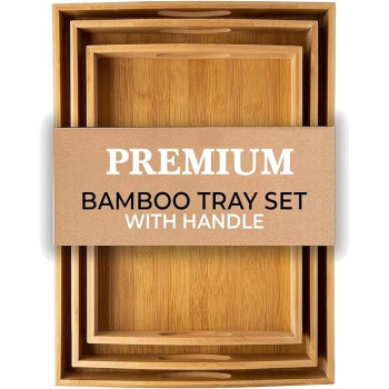 Genr Bamboo Tray, 3 Pack Wooden Serving Tray With Handles, Rectangular Tray Large, Small, Medium, Breakfast Wooden Tray For Food, Kitchen, Outdoors, Restaurants