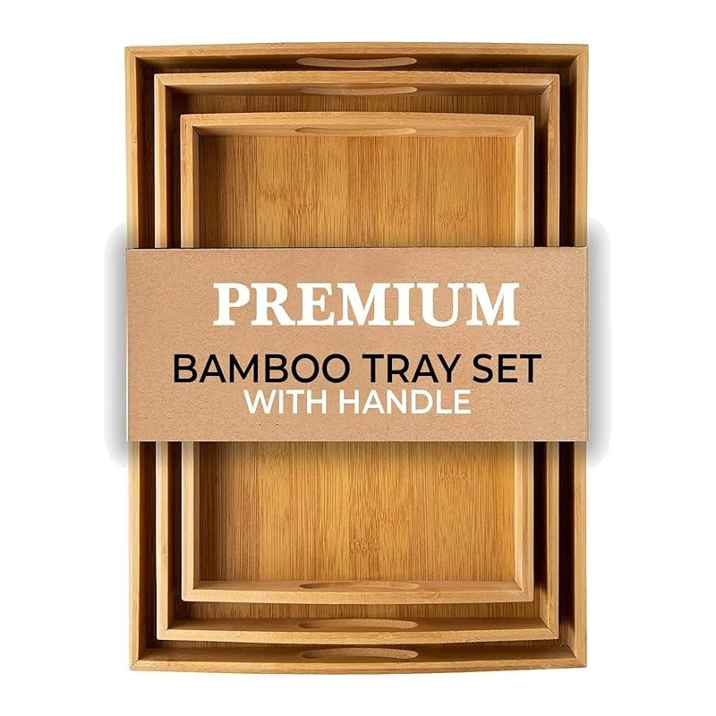 Genr Bamboo Tray, 3 Pack Wooden Serving Tray With Handles, Rectangular Tray Large, Small, Medium, Breakfast Wooden Tray For Food, Kitchen, Outdoors, Restaurants