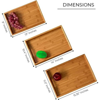 Genr Bamboo Tray, 3 Pack Wooden Serving Tray With Handles, Rectangular Tray Large, Small, Medium, Breakfast Wooden Tray For Food, Kitchen, Outdoors, Restaurants