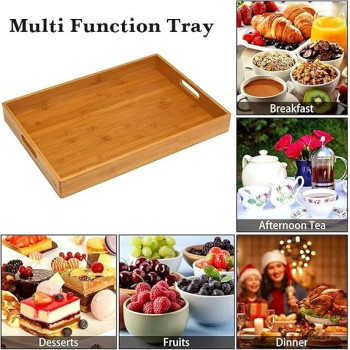 Genr Bamboo Tray, 3 Pack Wooden Serving Tray With Handles, Rectangular Tray Large, Small, Medium, Breakfast Wooden Tray For Food, Kitchen, Outdoors, Restaurants