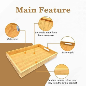 Genr Bamboo Tray, 3 Pack Wooden Serving Tray With Handles, Rectangular Tray Large, Small, Medium, Breakfast Wooden Tray For Food, Kitchen, Outdoors, Restaurants