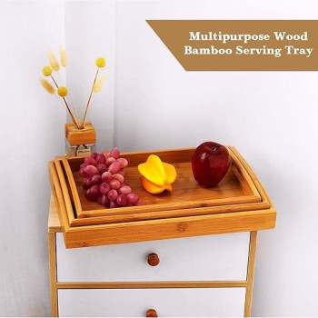 Genr Bamboo Tray, 3 Pack Wooden Serving Tray With Handles, Rectangular Tray Large, Small, Medium, Breakfast Wooden Tray For Food, Kitchen, Outdoors, Restaurants