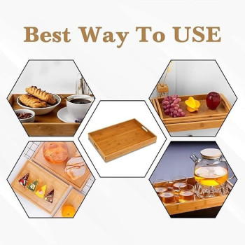 Genr Bamboo Tray, 3 Pack Wooden Serving Tray With Handles, Rectangular Tray Large, Small, Medium, Breakfast Wooden Tray For Food, Kitchen, Outdoors, Restaurants