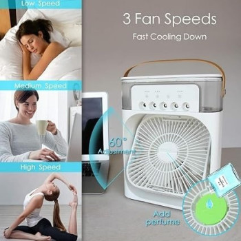 Shengyi Portable Fan Mini Air Conditioner Fan, Desktop Misting Fast Cooling Fan With Led Light, Multifunctional Evaporative Air Cooler Oscillation/Humidifier/Timing Function For Room Office, White