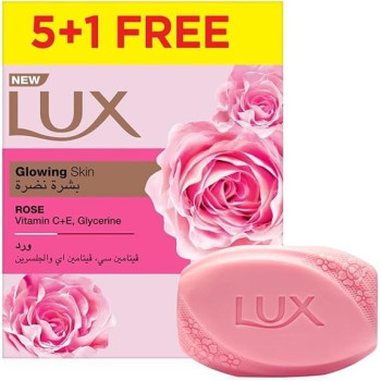 LUX Bar Soap For Glowing Skin, Rose, With Vitamin C, E, And Glycerine, Pack of 6 x 120g Each