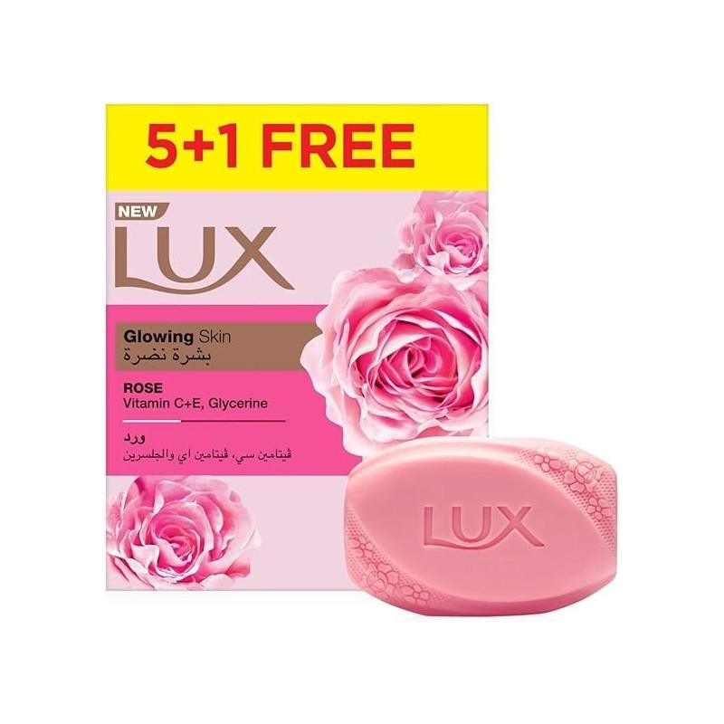 LUX Bar Soap For Glowing Skin, Rose, With Vitamin C, E, And Glycerine, Pack of 6 x 120g Each