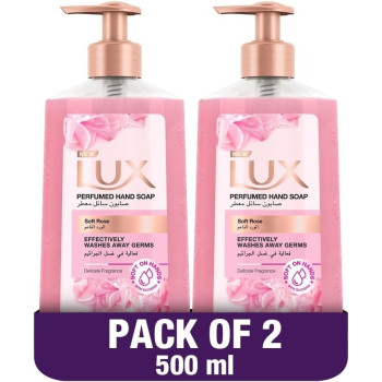 LUX Perfumed Liquid Hand Wash, For All Skin Types, Soft Rose, Glycerin Enriched Liquid Soap, Pack of 2 x 500ml Each