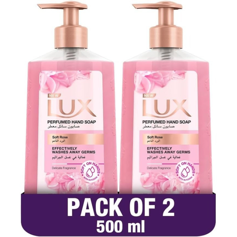 LUX Perfumed Liquid Hand Wash, For All Skin Types, Soft Rose, Glycerin Enriched Liquid Soap, Pack of 2 x 500ml Each