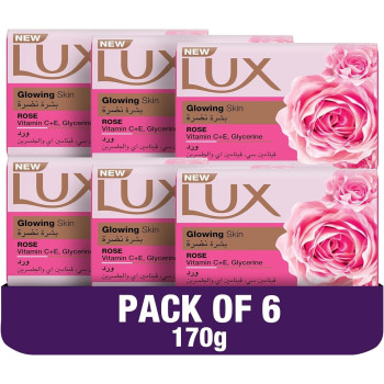 LUX Bar Soap For Glowing Skin, Rose, With Vitamin C, E, And Glycerine, Pack of 6 x 170g Each