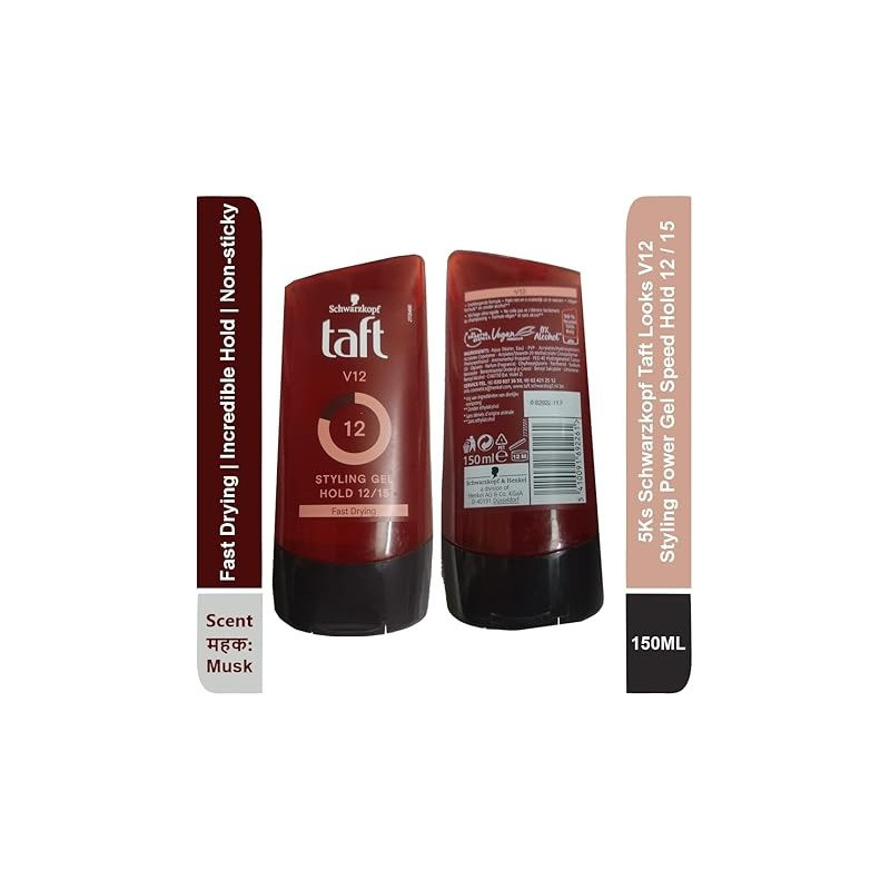 Schwarzkopf Taft Looks V12 Styling Power Gel Speed Hold 12/15 Fast Drying, 150 Ml, Musk