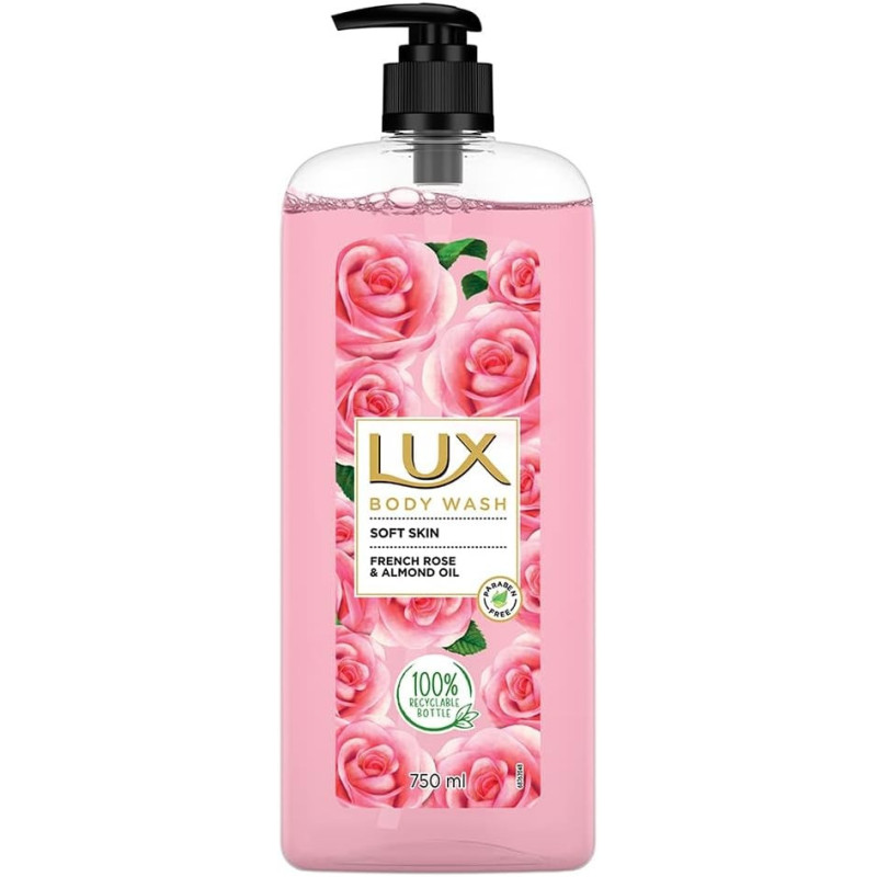 LUX Body Wash Soft Skin French Rose And Almond Oil Super Saver XL Pump Bottle with Long Lasting Fragrance, Glycerine, Paraben Free, Extra Foam, 750 ml