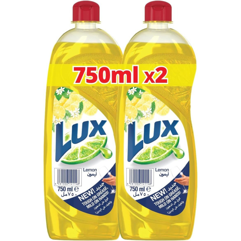 LUX Dishwash Liquid, For Sparkling Clean Dishes, Lemon, Tough on Grease, Mild on Hands, Pack of 2 x 750ml Each