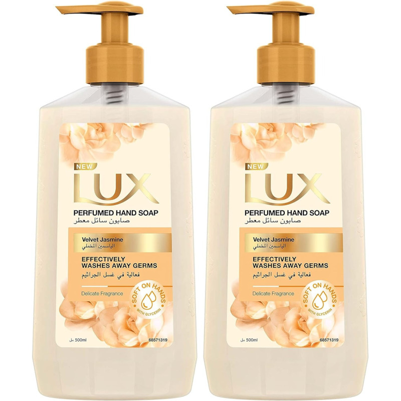 LUX Perfumed Liquid Hand Wash, For All Skin Types, Velvet Jasmine, Glycerin Enriched Liquid Soap, Pack of 2 x 500ml Each