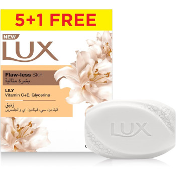 LUX Bar Soap, For Flaw-Less Skin, Lily, With Vitamin C, E, And Glycerine, Pack of 6 x 120g Each