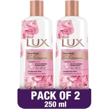 LUX Perfumed Body Wash, For All Skin Types, Soft Rose, Moisturising Ingredients, Pack of 2x 250ml Each