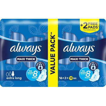 Always Maxi Thick Extra Long Sanitary Pads With Wings, 18 Pieces