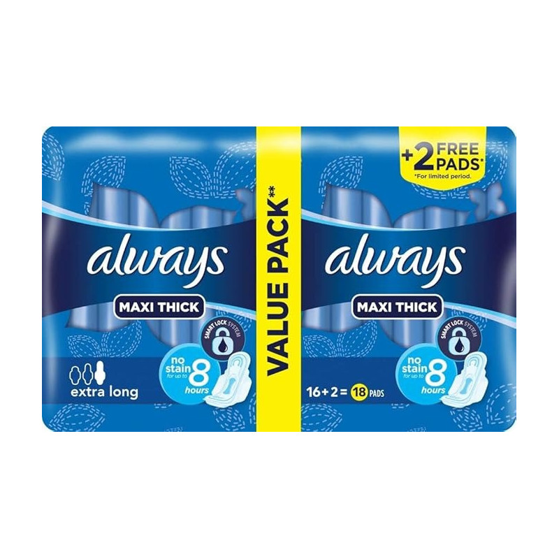 Always Maxi Thick Extra Long Sanitary Pads With Wings, 18 Pieces