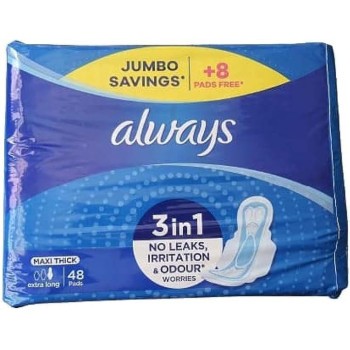 Always Maxi Thick Extra Long 3 In 1 Pads Are Designed For Heavy Flow Days, Providing Reliable And Effective Absorbency To Keep You Dry And Comfortable, 48 Pads